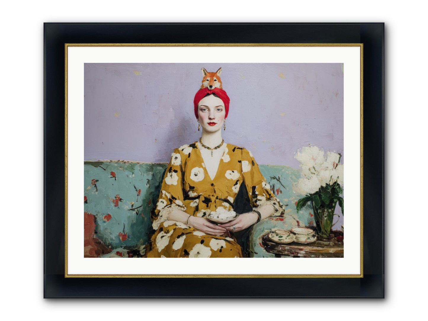 Tea With The Fox Framed Print - Wide Black w/Gold 32x24