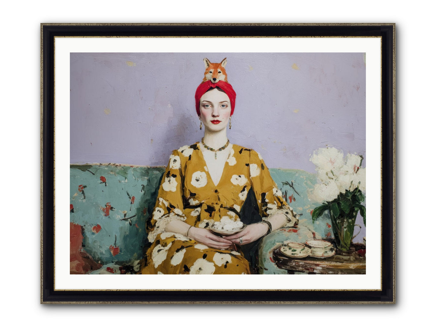 Tea With The Fox Framed Print - Black & Gold 40x30