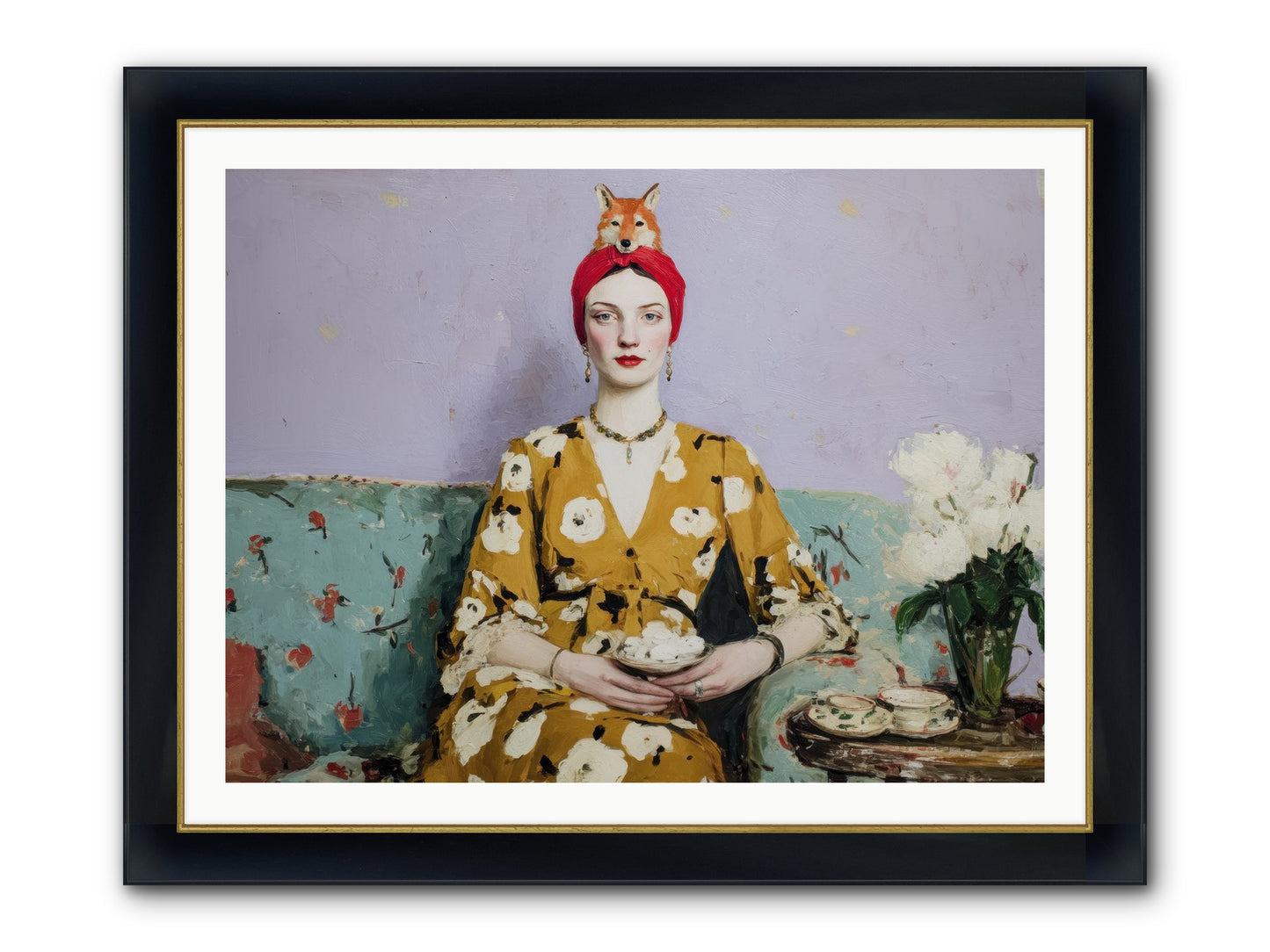 Tea With The Fox Framed Print - Wide Black w/Gold 40x30