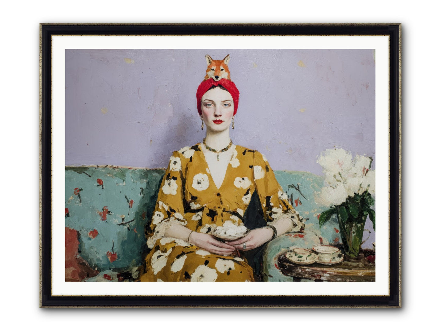 Tea With The Fox Framed Print - Black & Gold 48x36