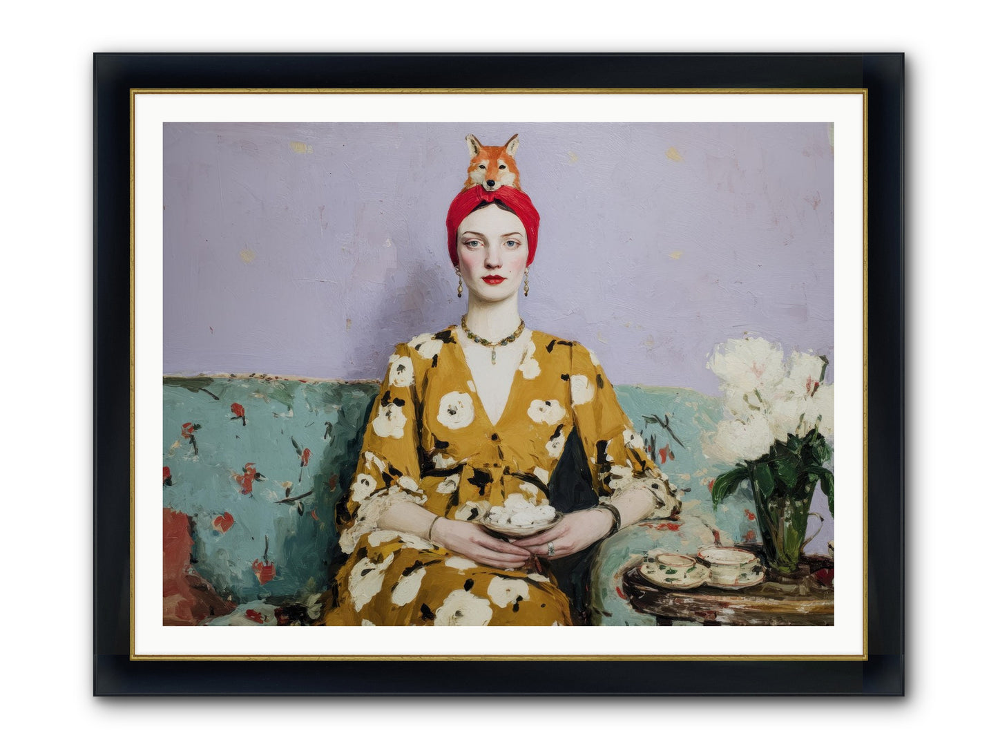 Tea With The Fox Framed Print - Wide Black w/Gold 48x36