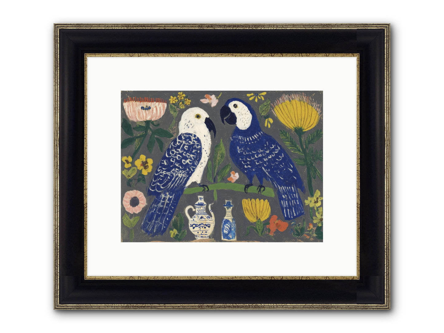 The Concierge Kept Parrots Framed Print - Black & Gold 12x9