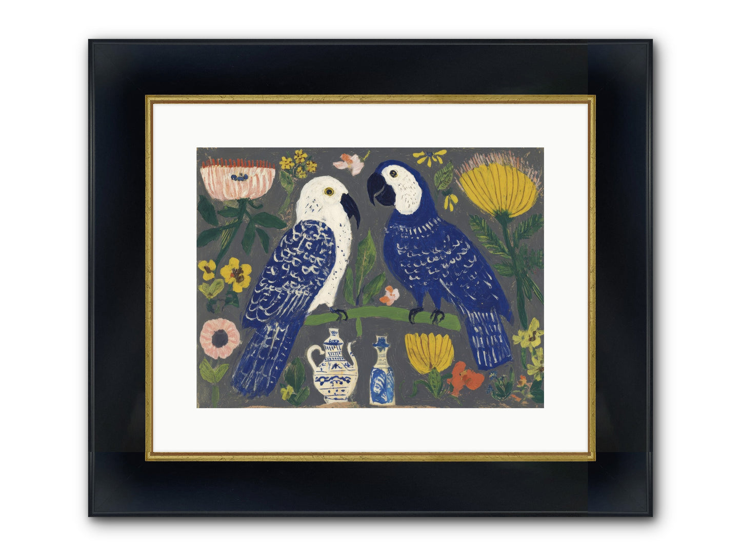 The Concierge Kept Parrots Framed Print - Wide Black w/Gold 16x12
