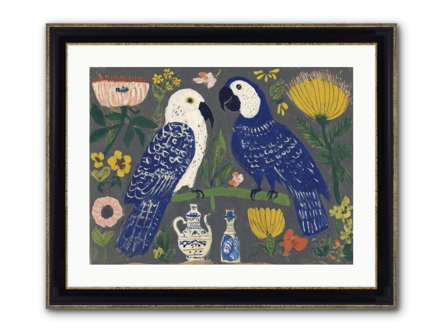 The Concierge Kept Parrots Framed Print - Black & Gold 24x18
