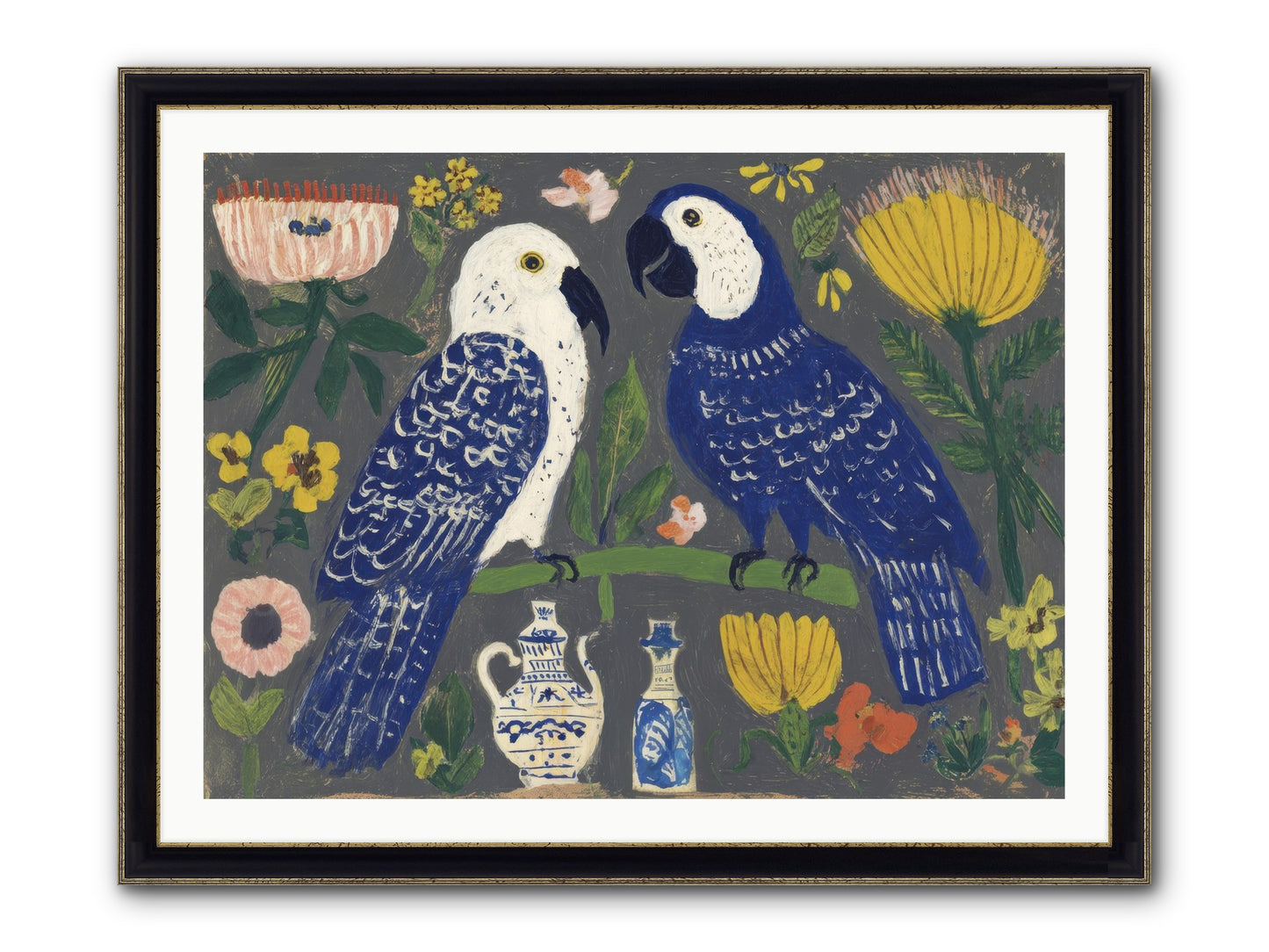 The Concierge Kept Parrots Framed Print - Black & Gold 40x30