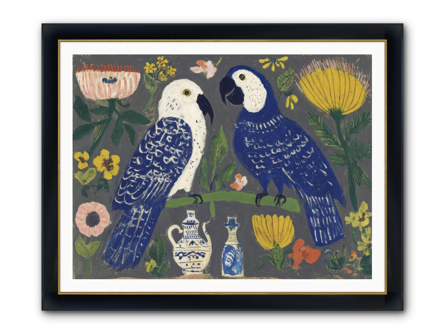 The Concierge Kept Parrots Framed Print - Wide Black w/Gold 48x36