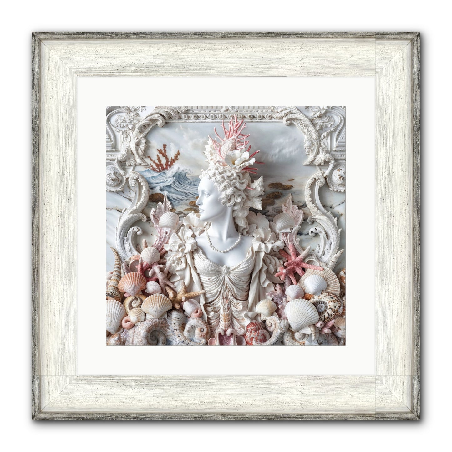 The Coral Queen Framed Print - Driftwood White 16x16