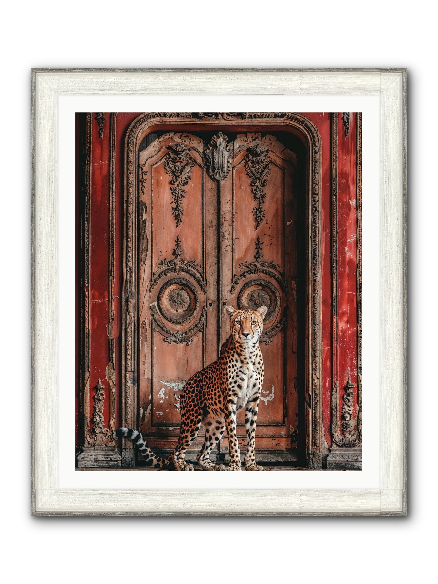 The Leopard's Vermilion Vestibule Framed Print - Driftwood White 32x40