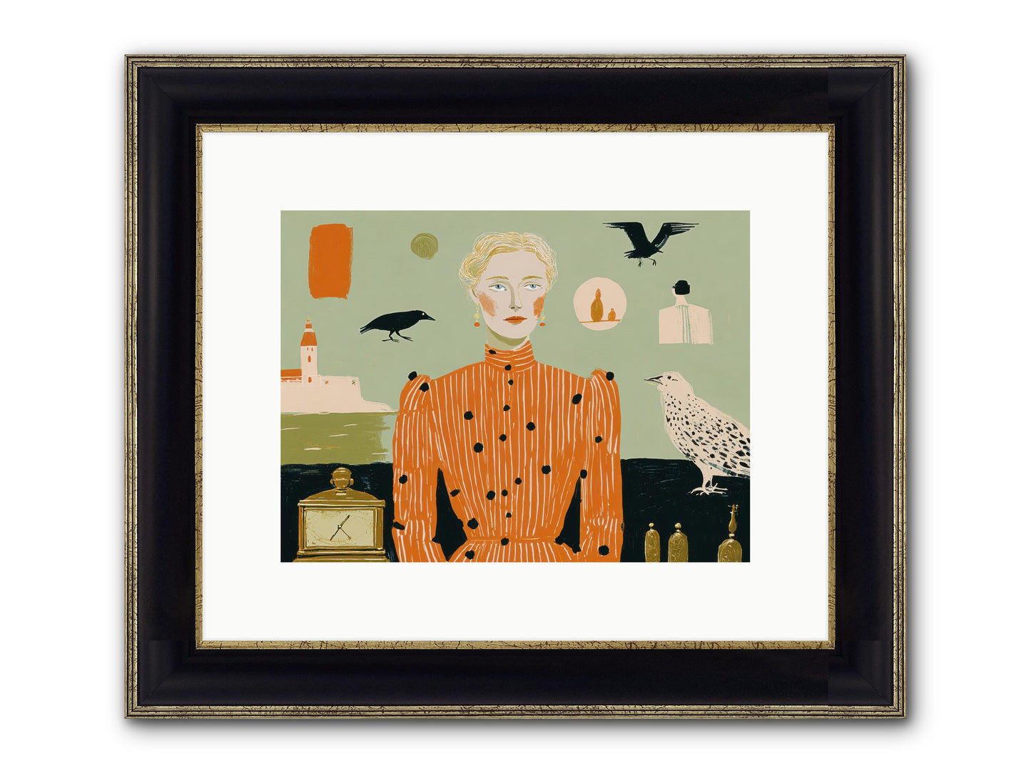 The Magpie's Treasury Framed Print - Black & Gold 12x9