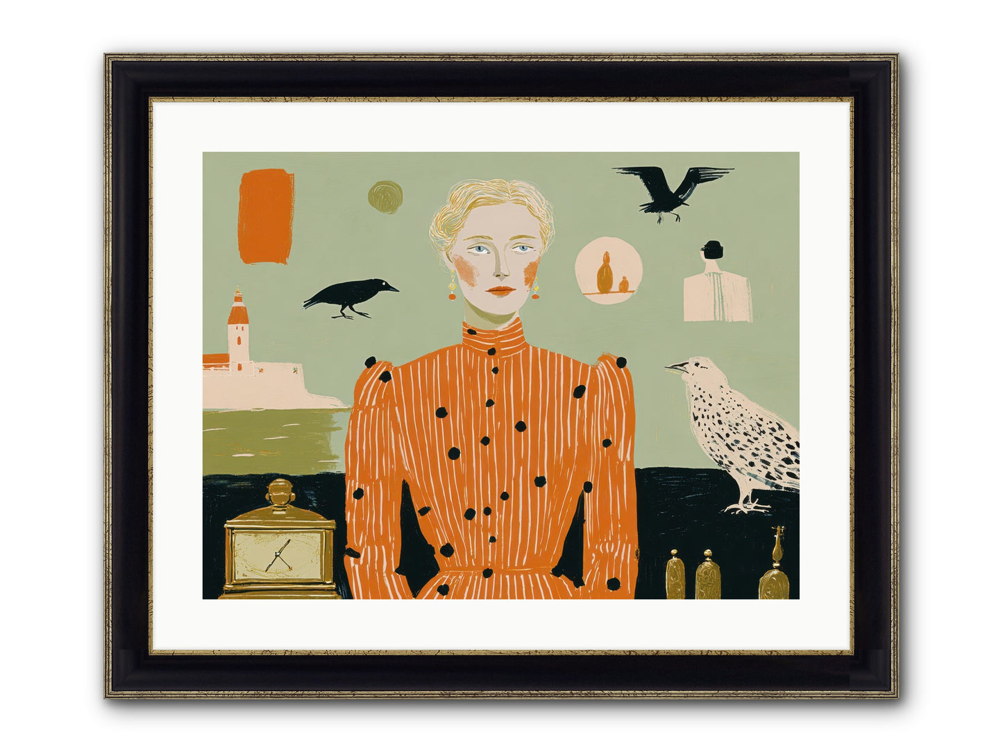 The Magpie's Treasury Framed Print - Black & Gold 24x18