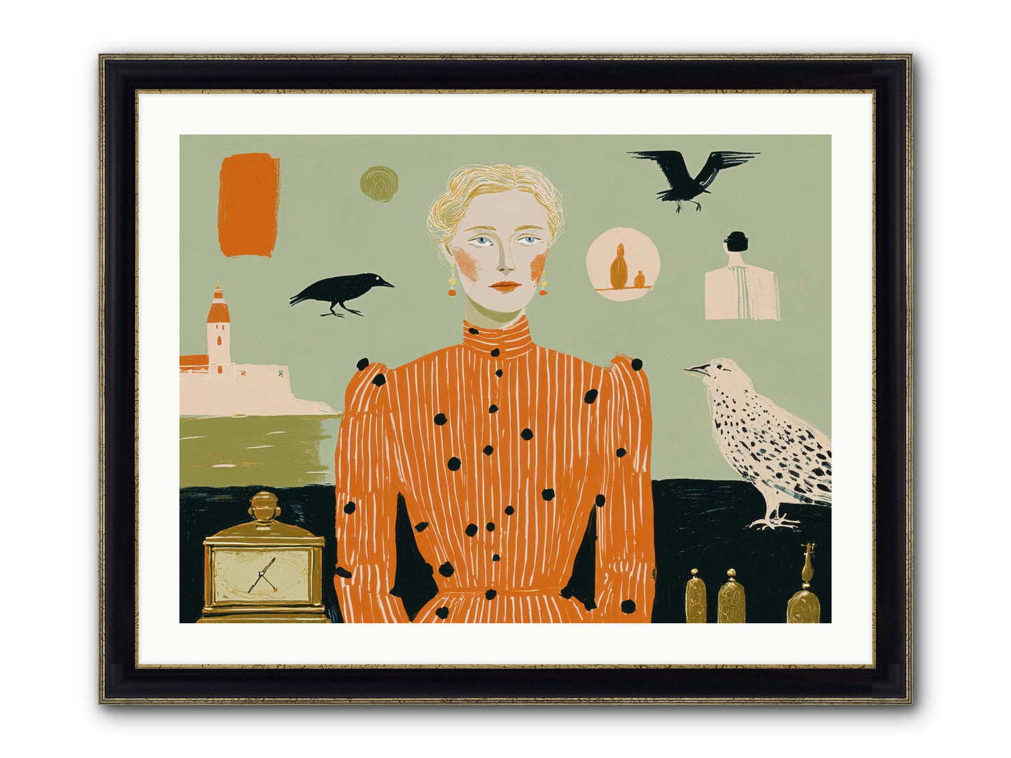 The Magpie's Treasury Framed Print - Black & Gold 32x24