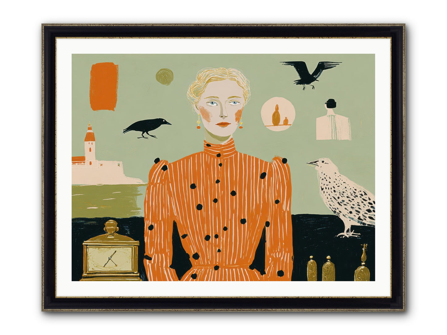 The Magpie's Treasury Framed Print - Black & Gold 40x30