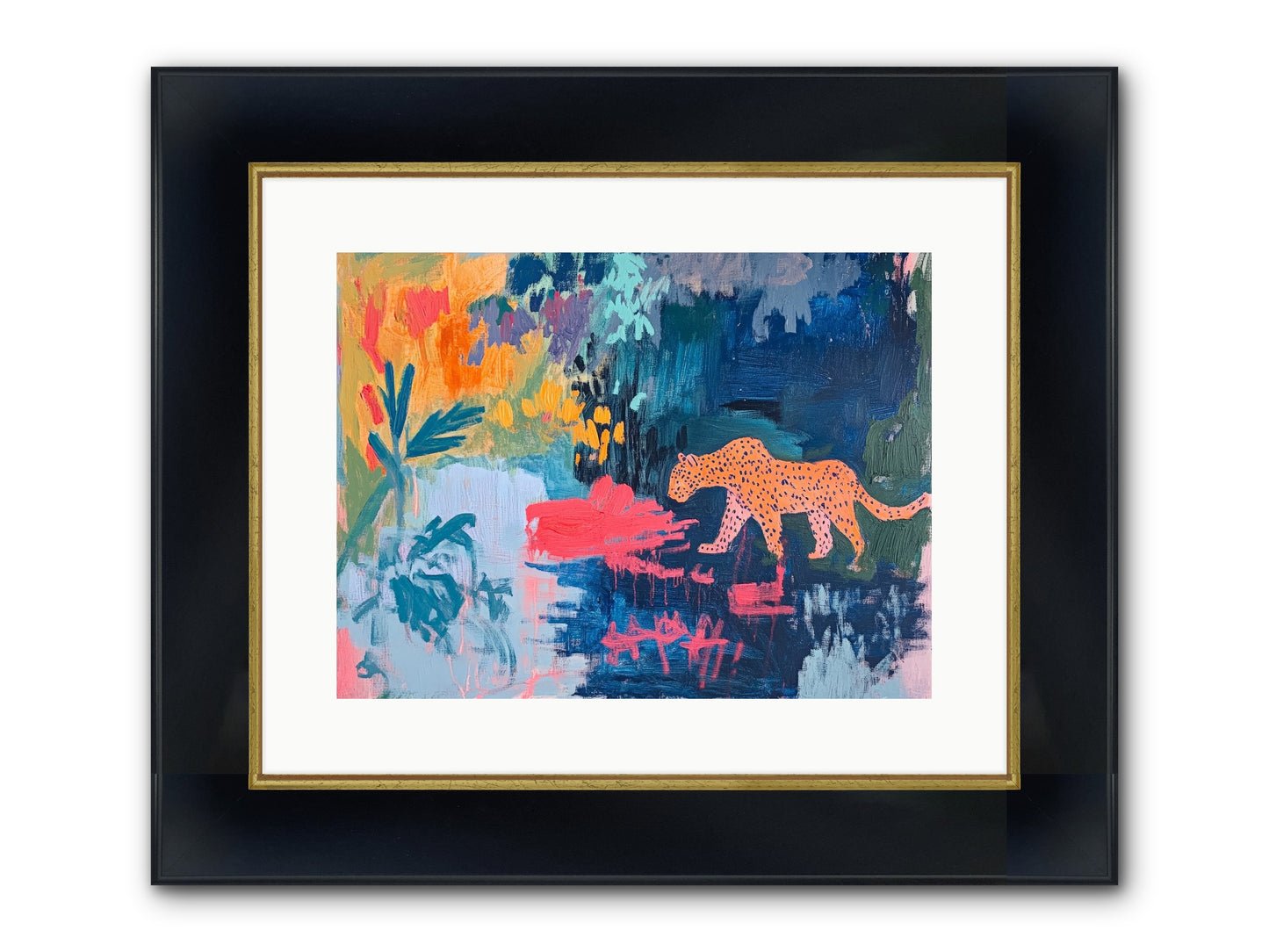 The Painted Leopard's Reverie Framed Print - Wide Black w/Gold 16x12