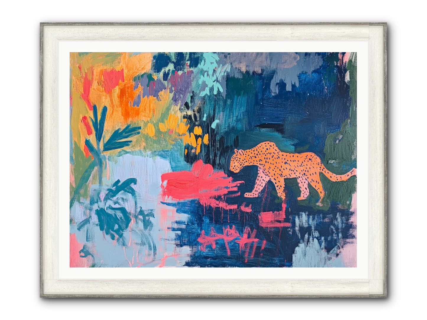 The Painted Leopard's Reverie Framed Print - Driftwood White 48x36