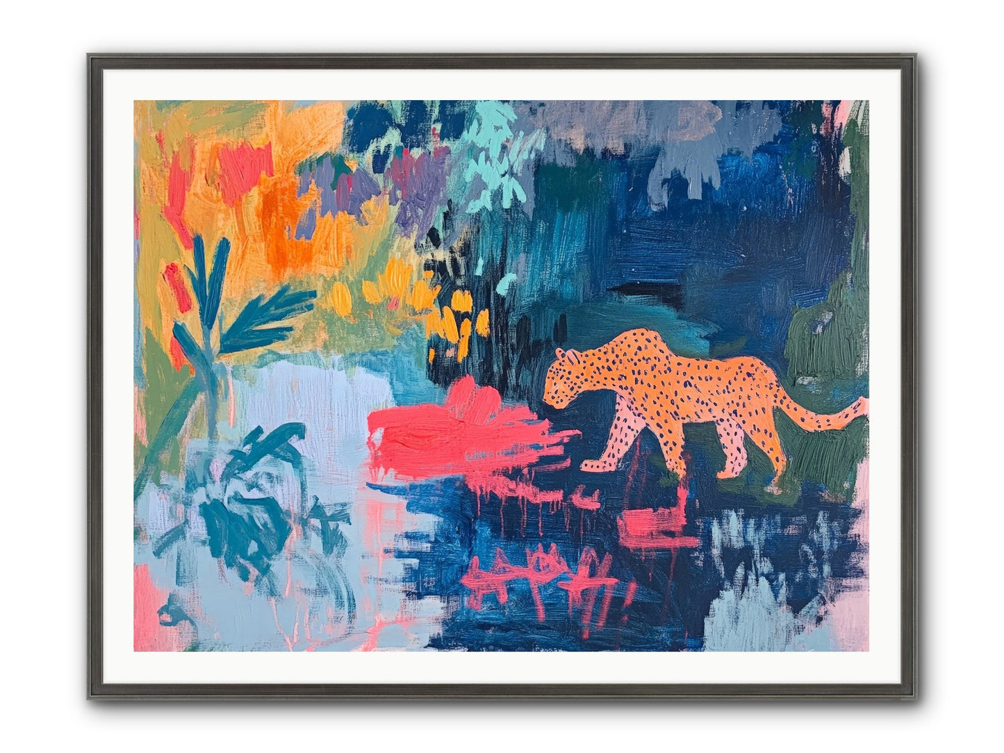 The Painted Leopard's Reverie Framed Print - Slimwoods Black/Silver 48x36