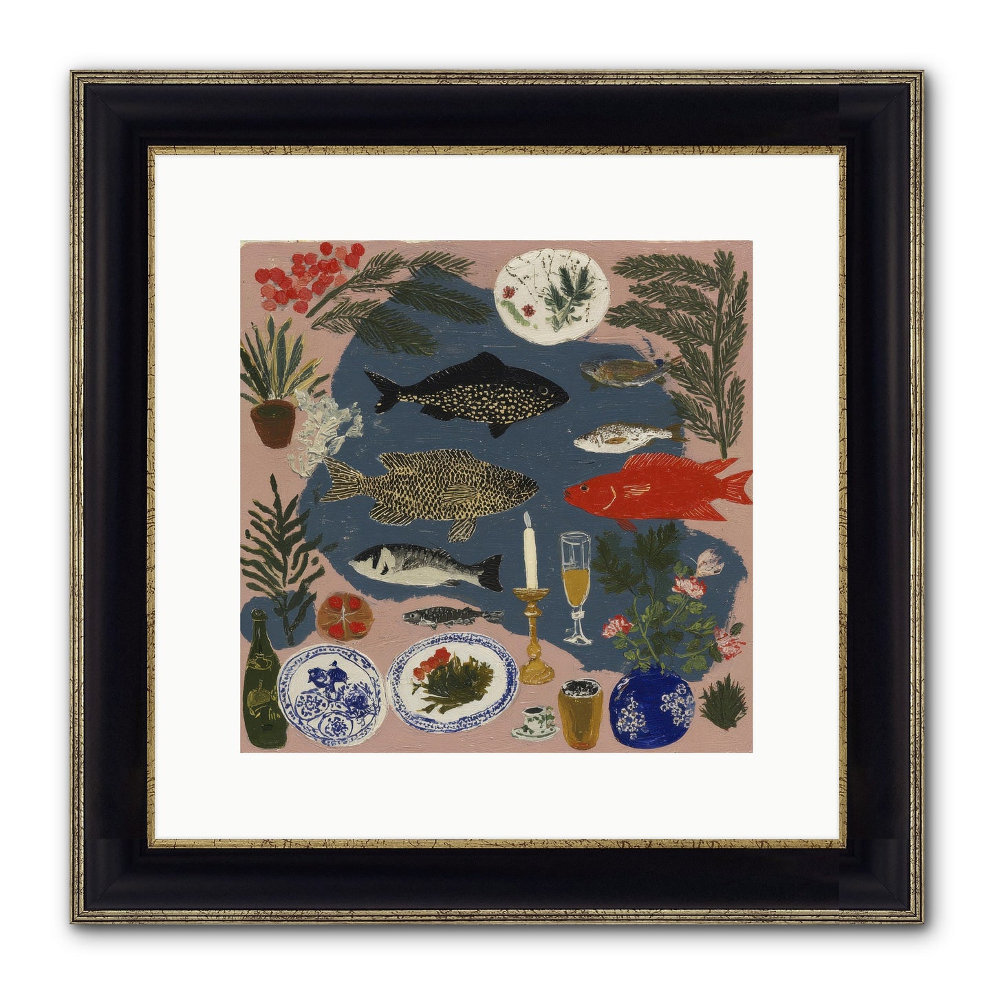 The Underwater Supper Framed Print - Black & Gold 12x12