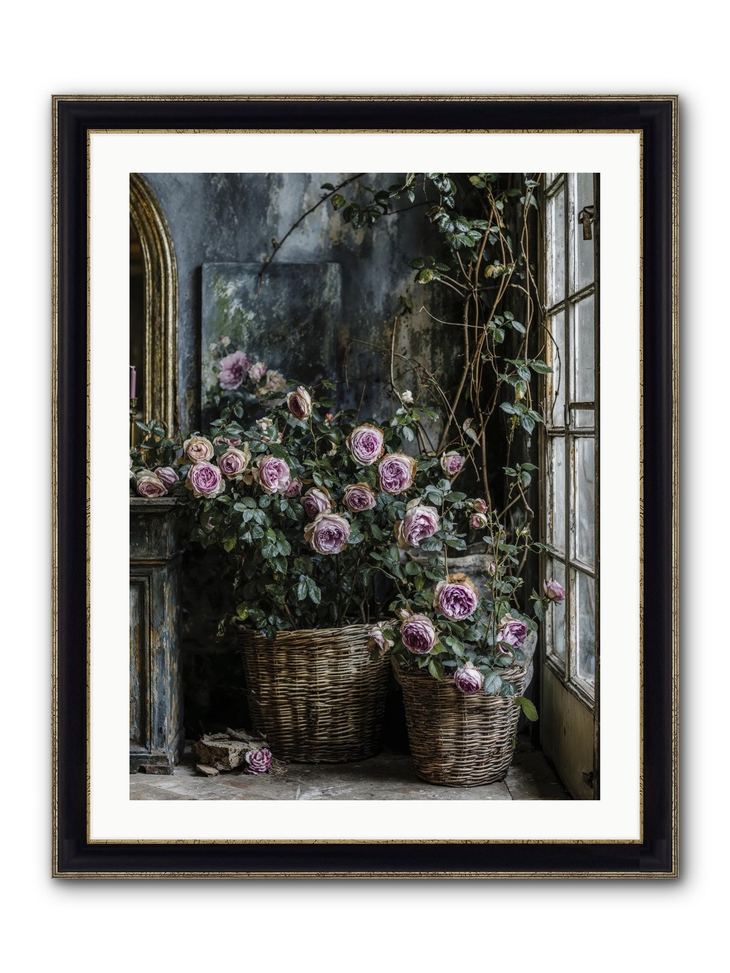 Unfinished Petal Symphony Framed Print - Black & Gold 24x32