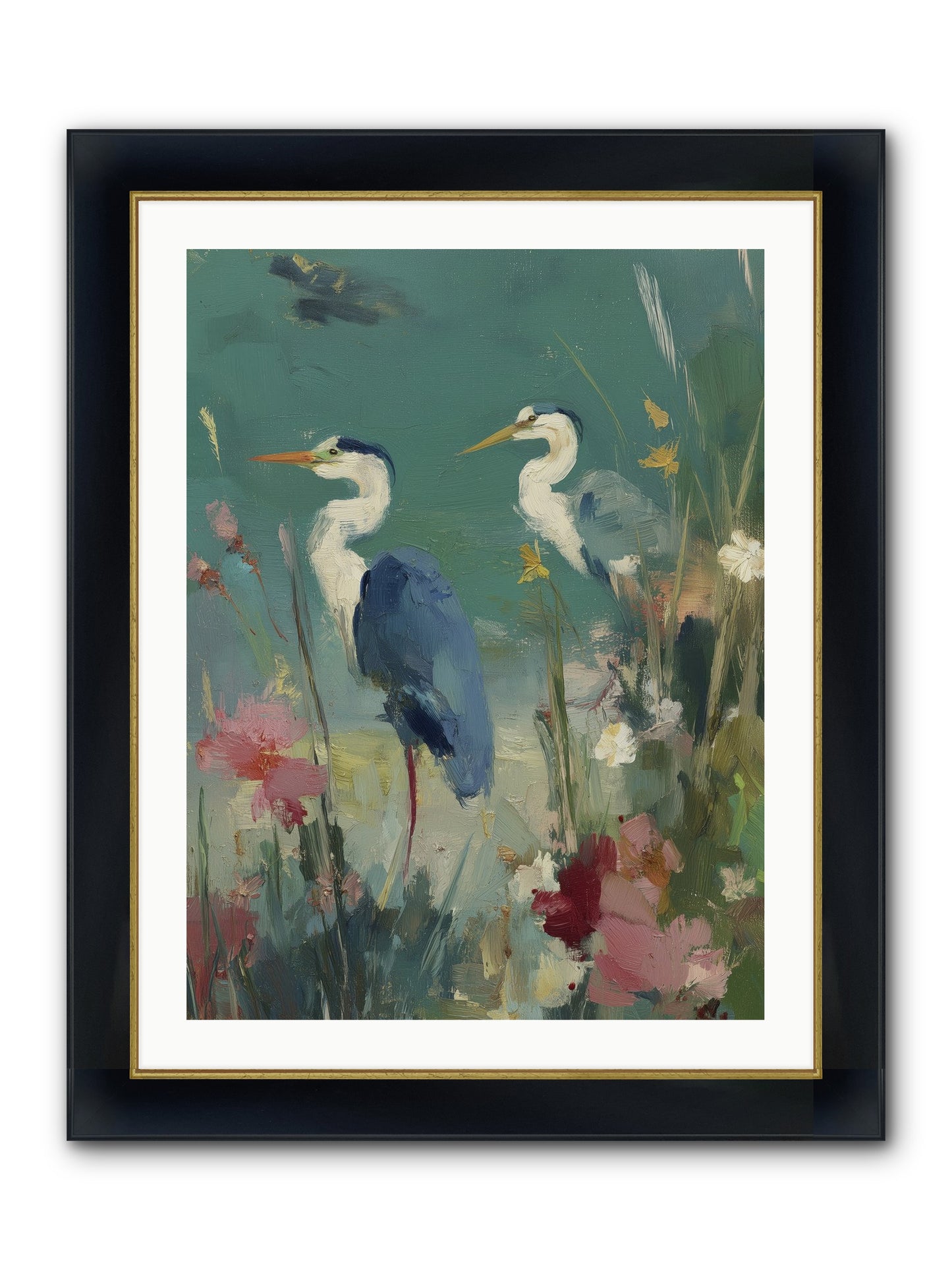 Wave-Whispered Blooms Framed Print - Wide Black w/Gold 24x32