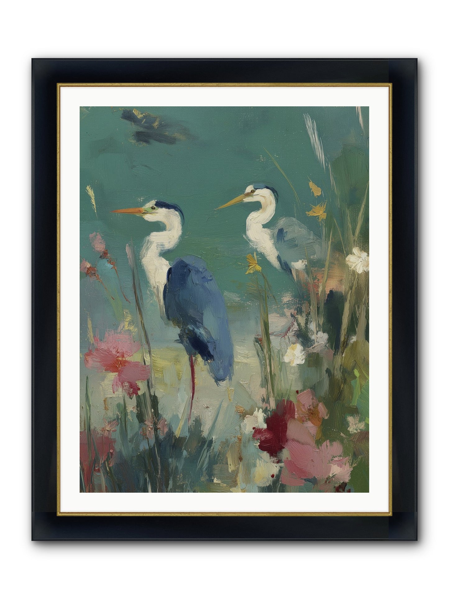 Wave-Whispered Blooms Framed Print - Wide Black w/Gold 30x40