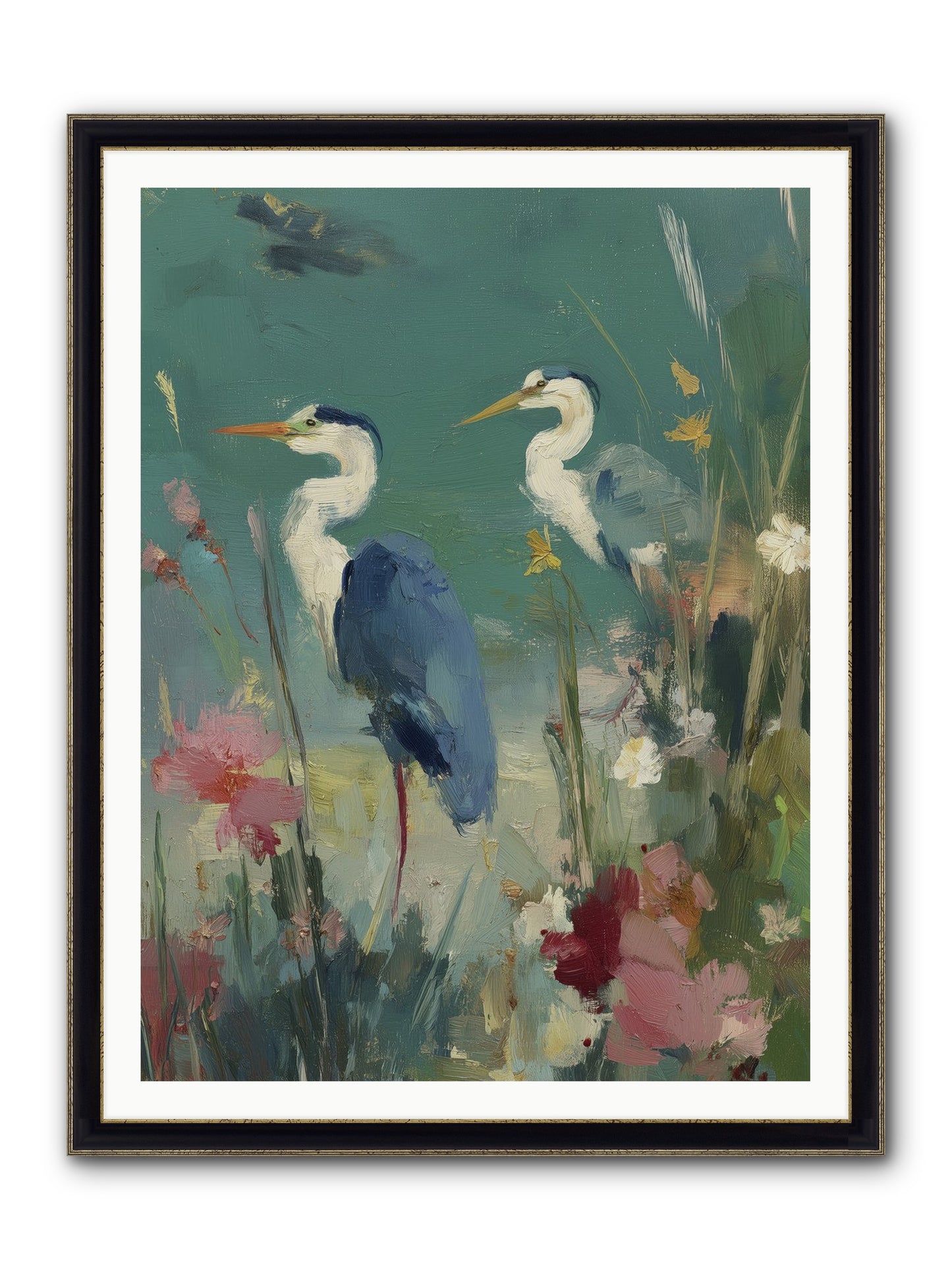 Wave-Whispered Blooms Framed Print - Black & Gold 36x48