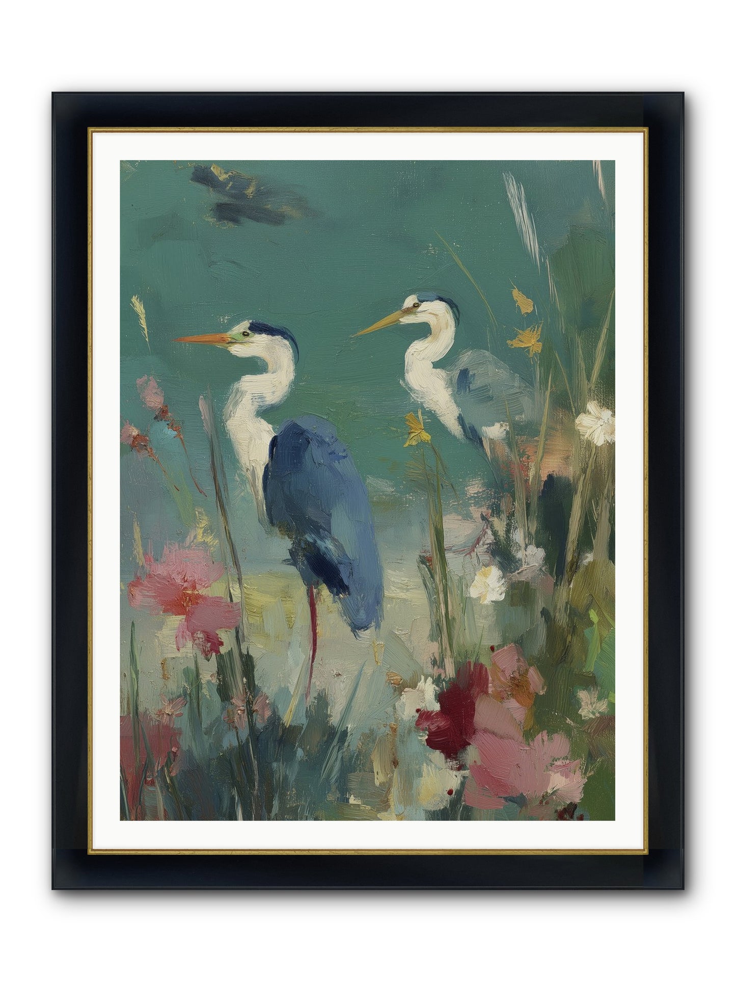 Wave-Whispered Blooms Framed Print - Wide Black w/Gold 36x48