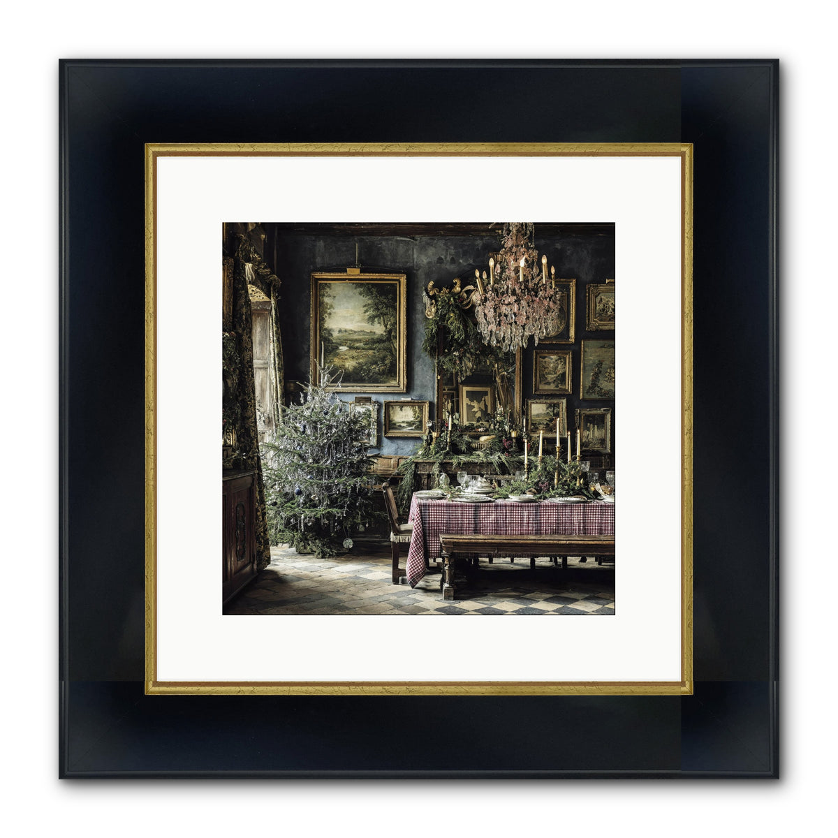 When Silver Light Meets Snowfall Framed Print - Wide Black w/Gold 12x12