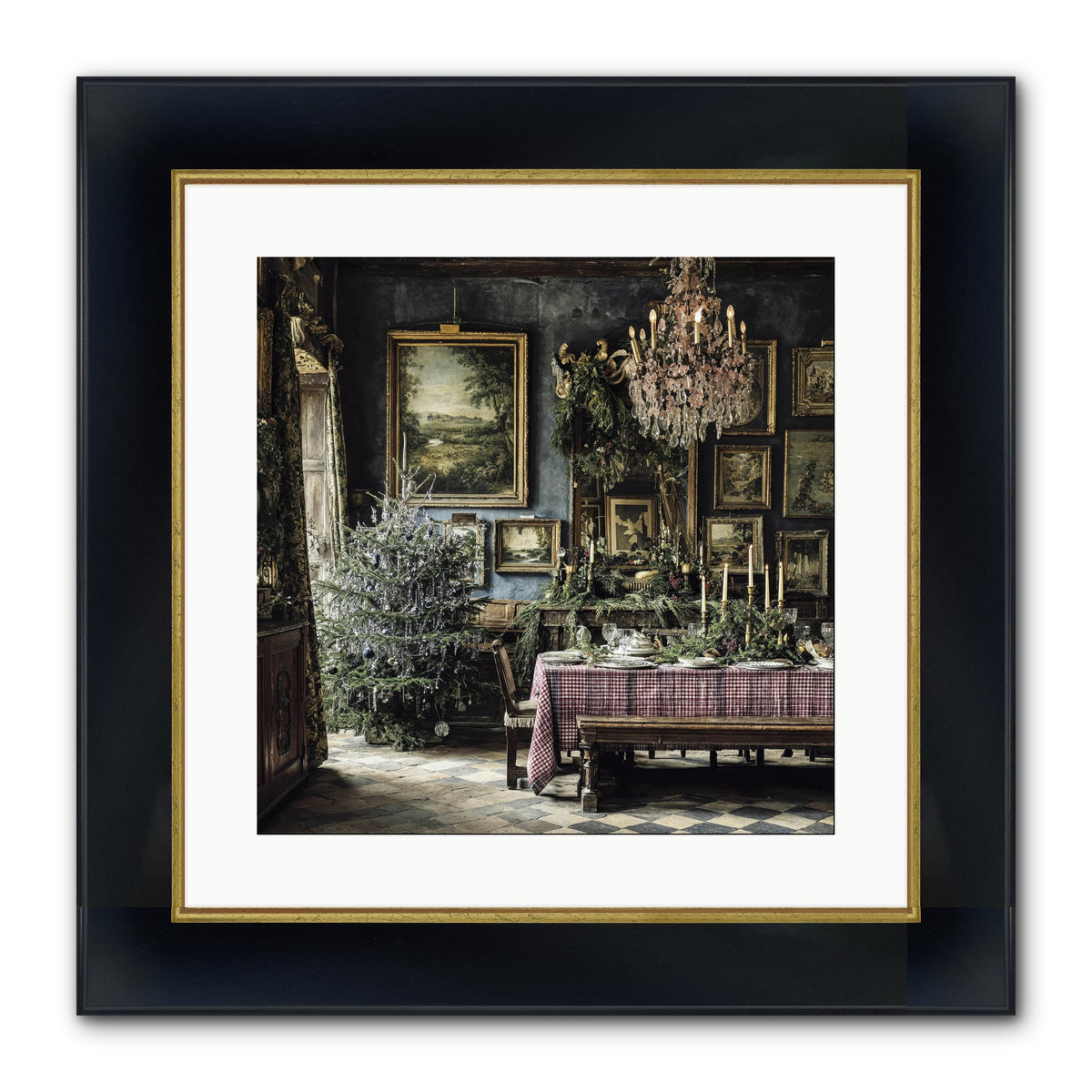 When Silver Light Meets Snowfall Framed Print - Wide Black w/Gold 16x16