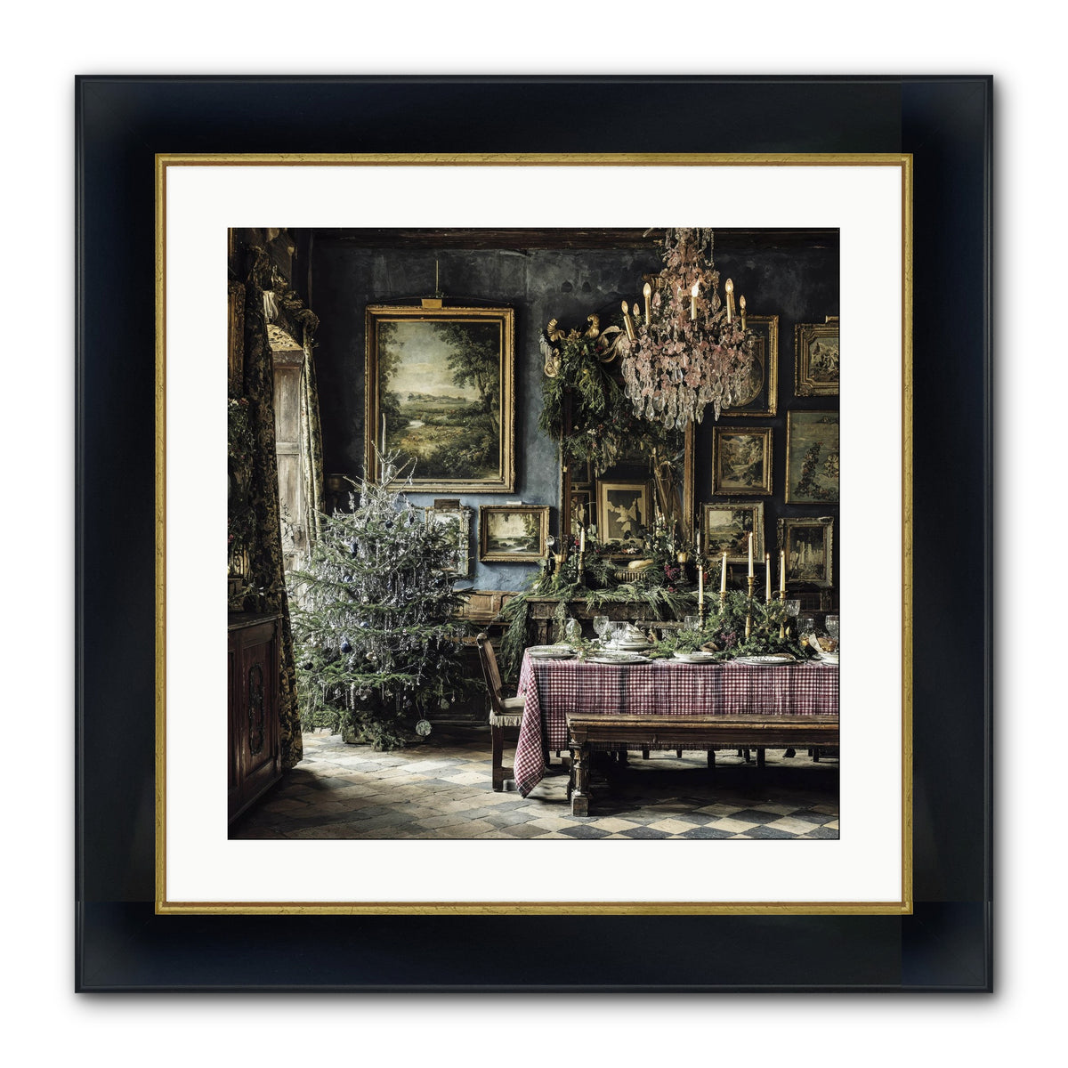 When Silver Light Meets Snowfall Framed Print - Wide Black w/Gold 20x20