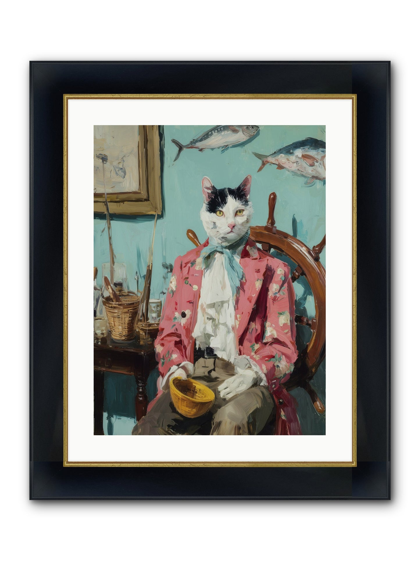 Whisker Fisher Framed Print - Wide Black w/Gold 18x24