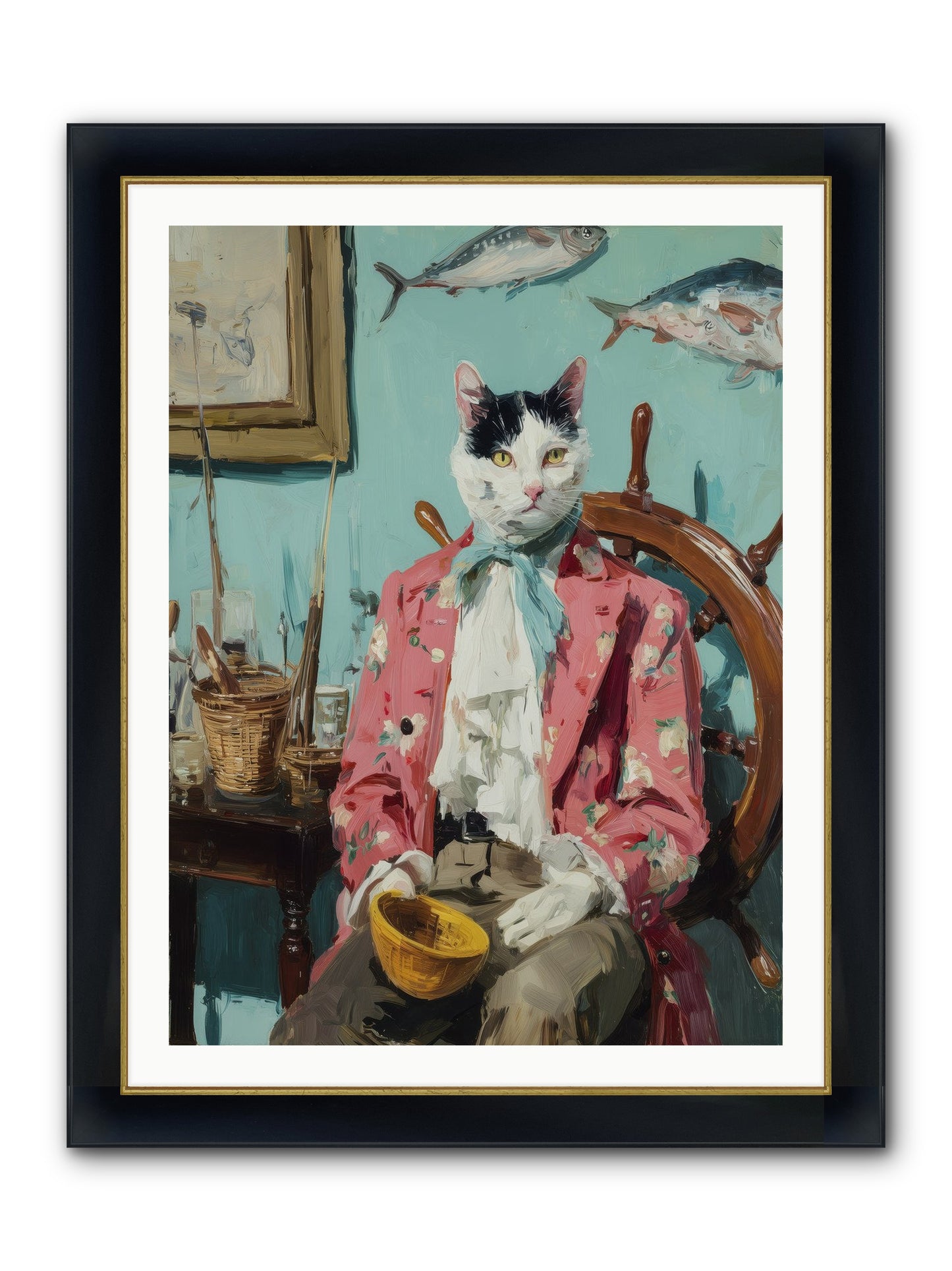 Whisker Fisher Framed Print - Wide Black w/Gold 30x40