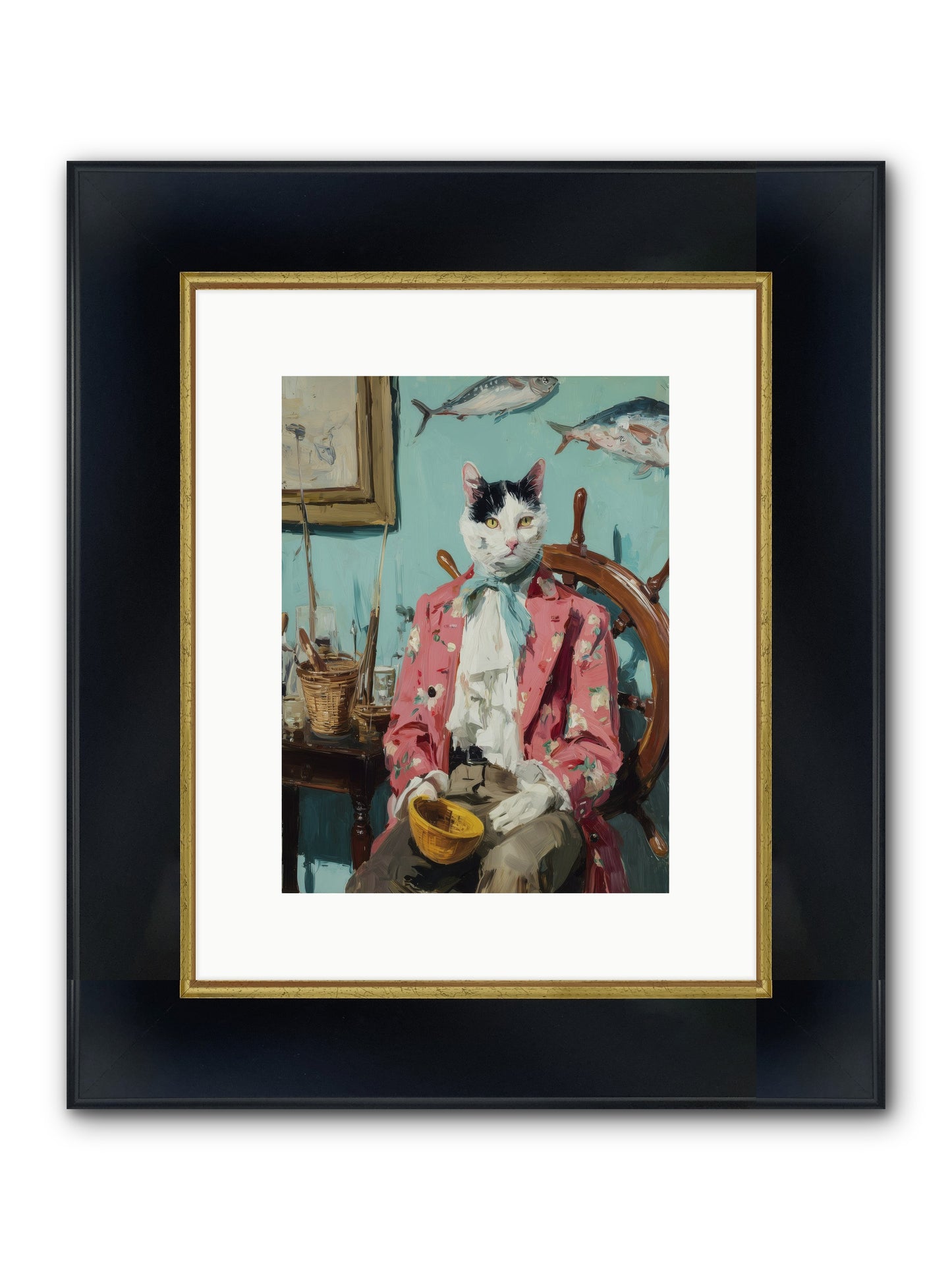 Whisker Fisher Framed Print - Wide Black w/Gold 9x12