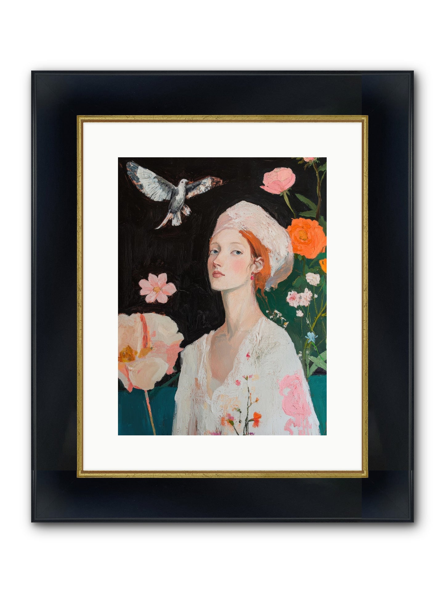 Wisteria Nightingale Framed Print - Wide Black w/Gold 12x16