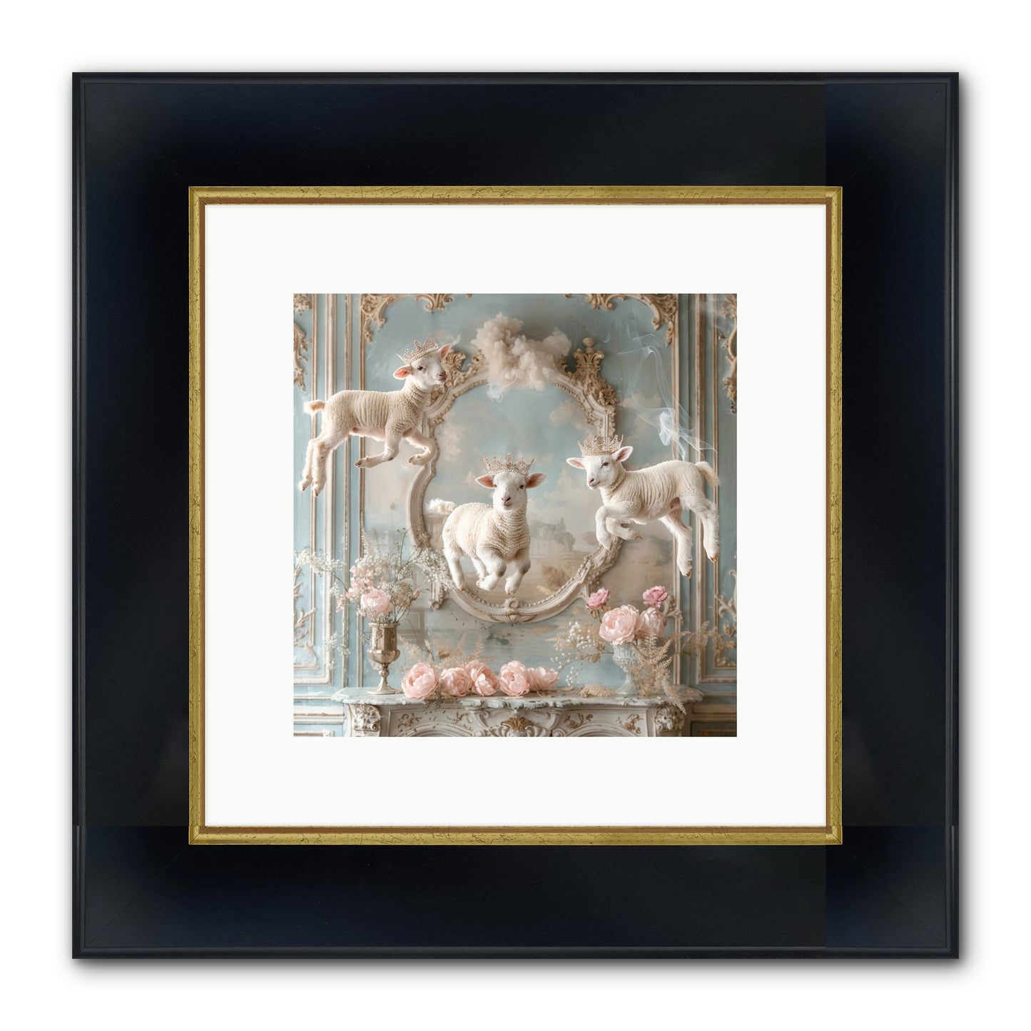 Woolies Whimsy Framed Print - Wide Black w/Gold 10x10