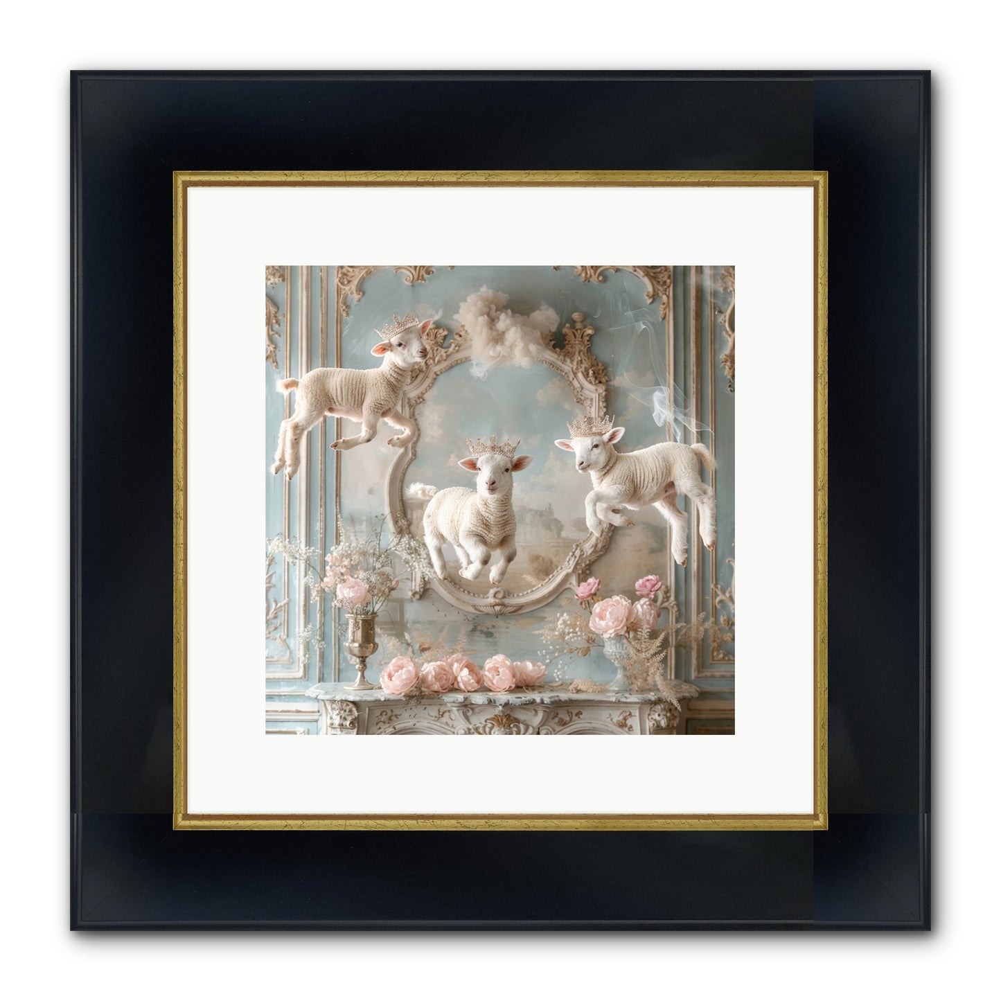Woolies Whimsy Framed Print - Wide Black w/Gold 12x12