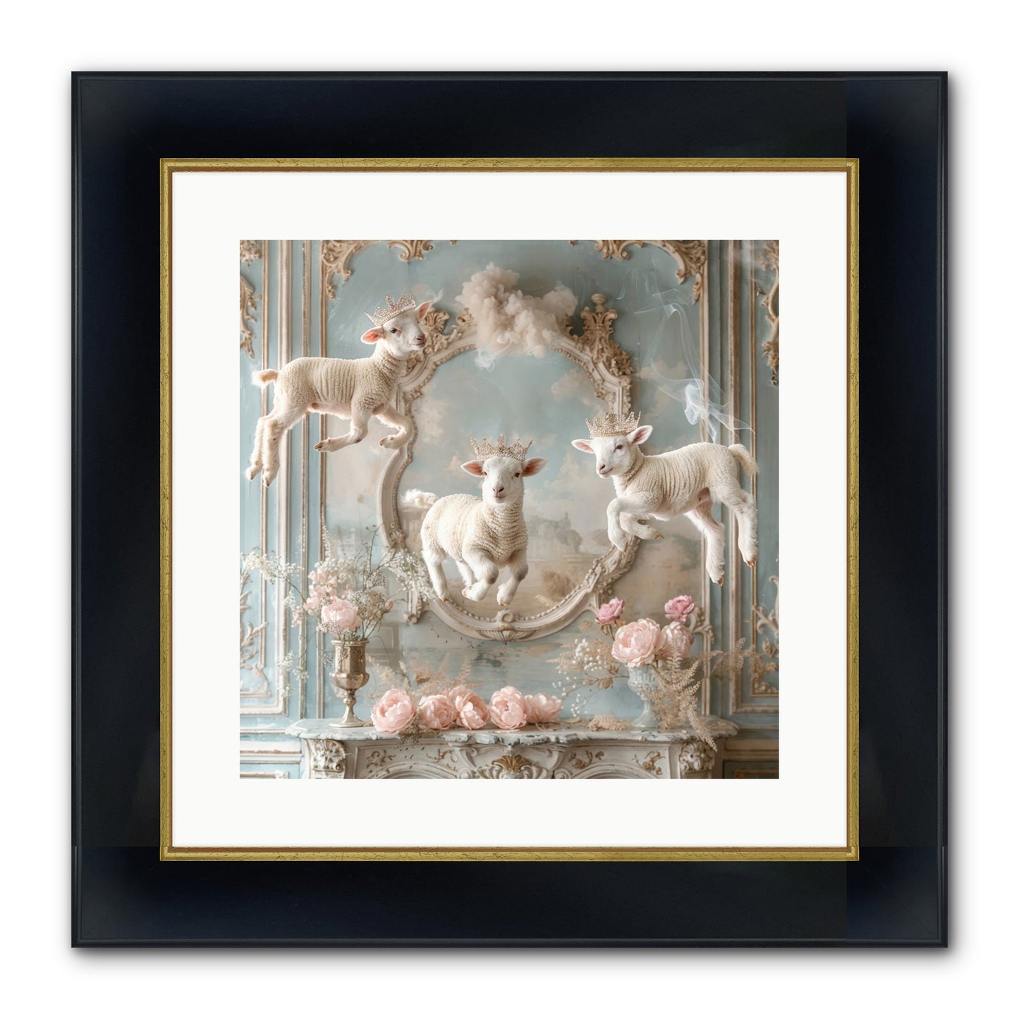 Woolies Whimsy Framed Print - Wide Black w/Gold 16x16
