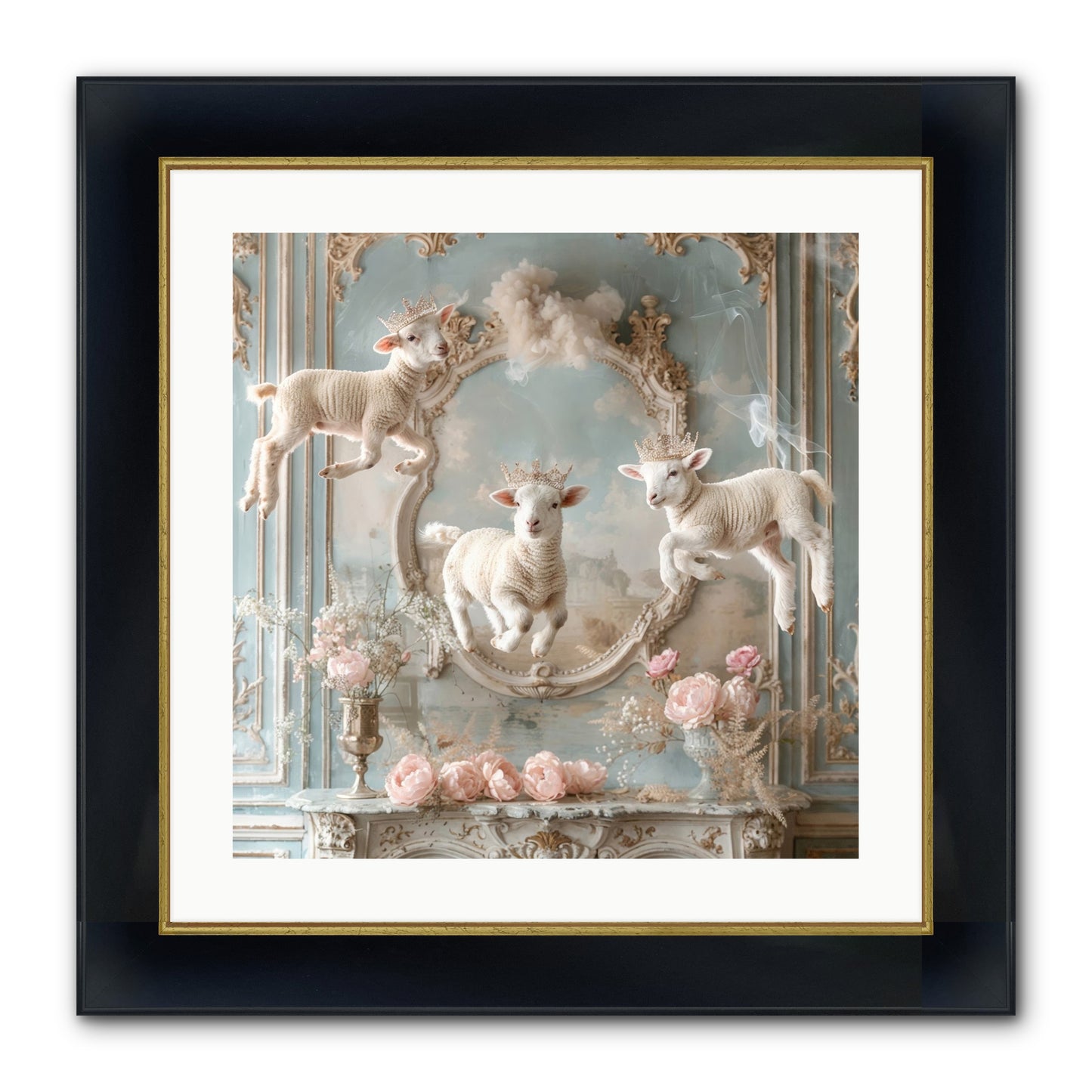 Woolies Whimsy Framed Print - Wide Black w/Gold 20x20