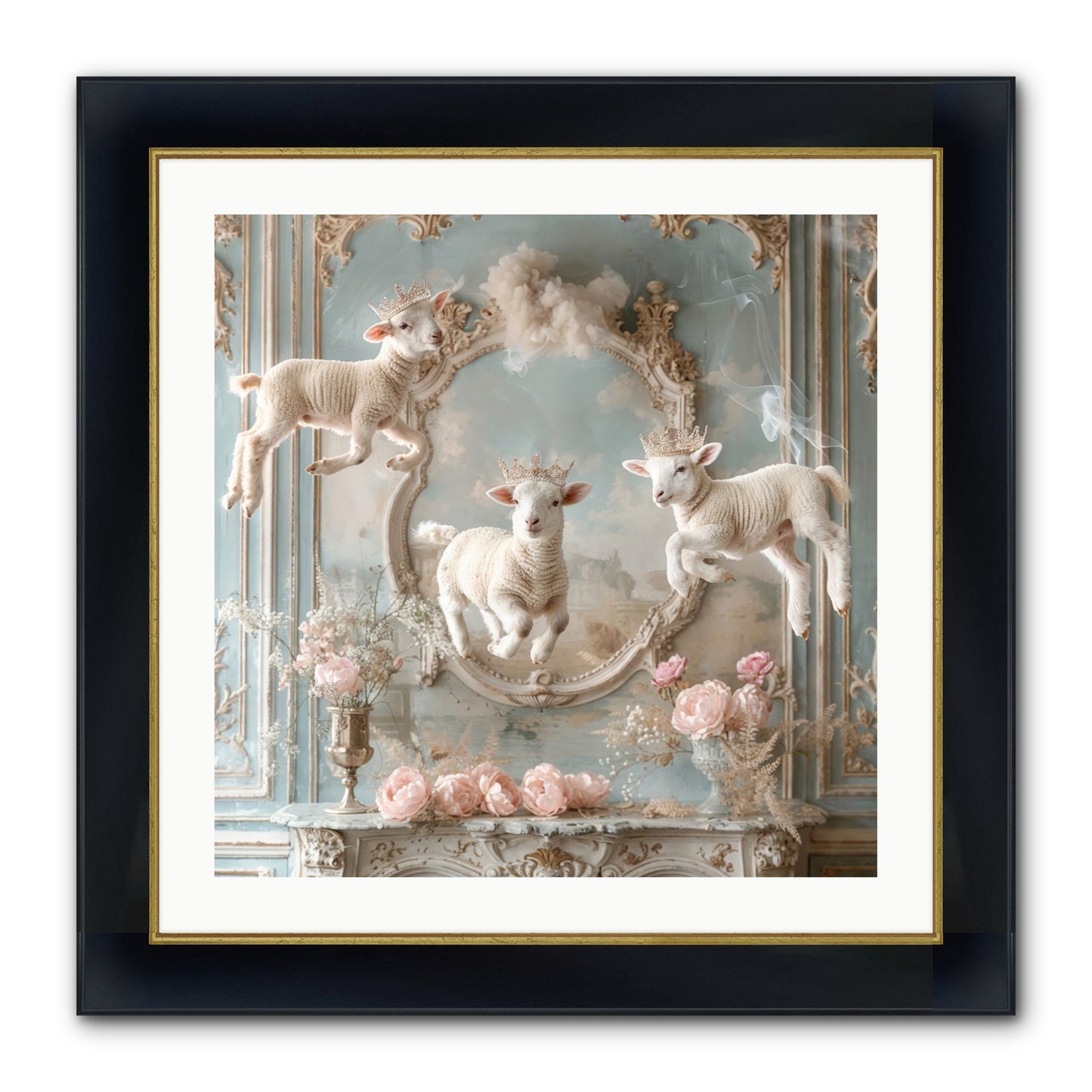 Woolies Whimsy Framed Print - Wide Black w/Gold 24x24