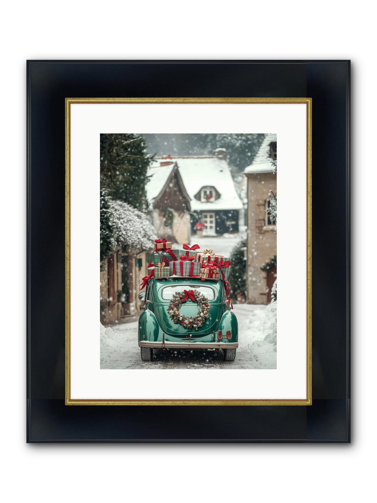Yuletide Wheels Framed Print - Wide Black w/Gold 12x16