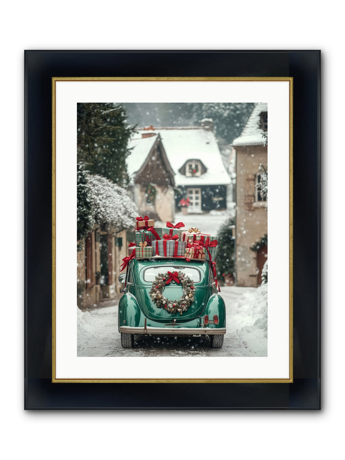 Yuletide Wheels Framed Print - Wide Black w/Gold 18x24