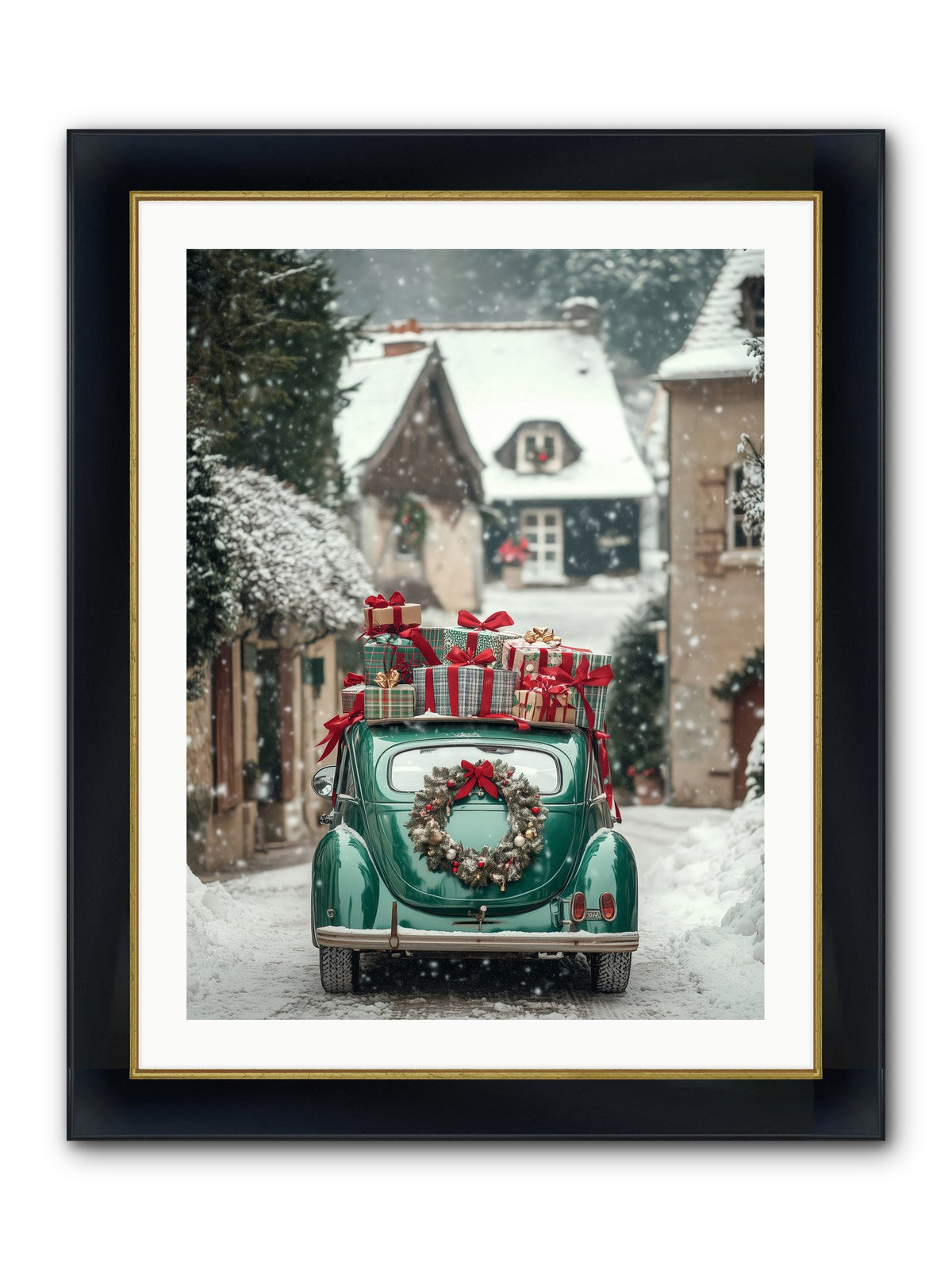 Yuletide Wheels Framed Print - Wide Black w/Gold 24x32