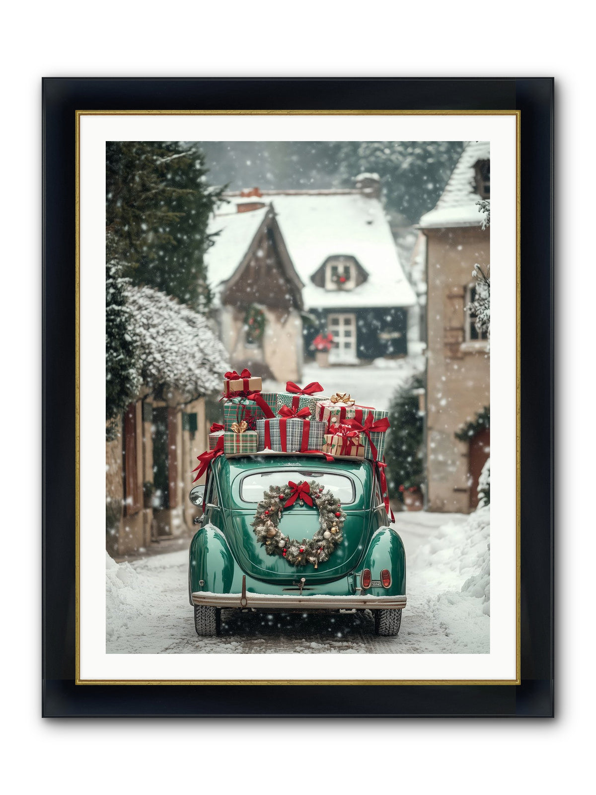 Yuletide Wheels Framed Print - Wide Black w/Gold 30x40