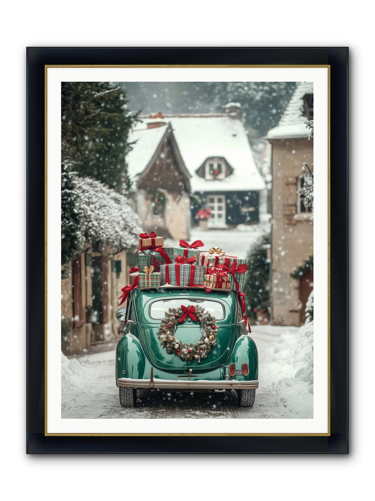Yuletide Wheels Framed Print - Wide Black w/Gold 36x48