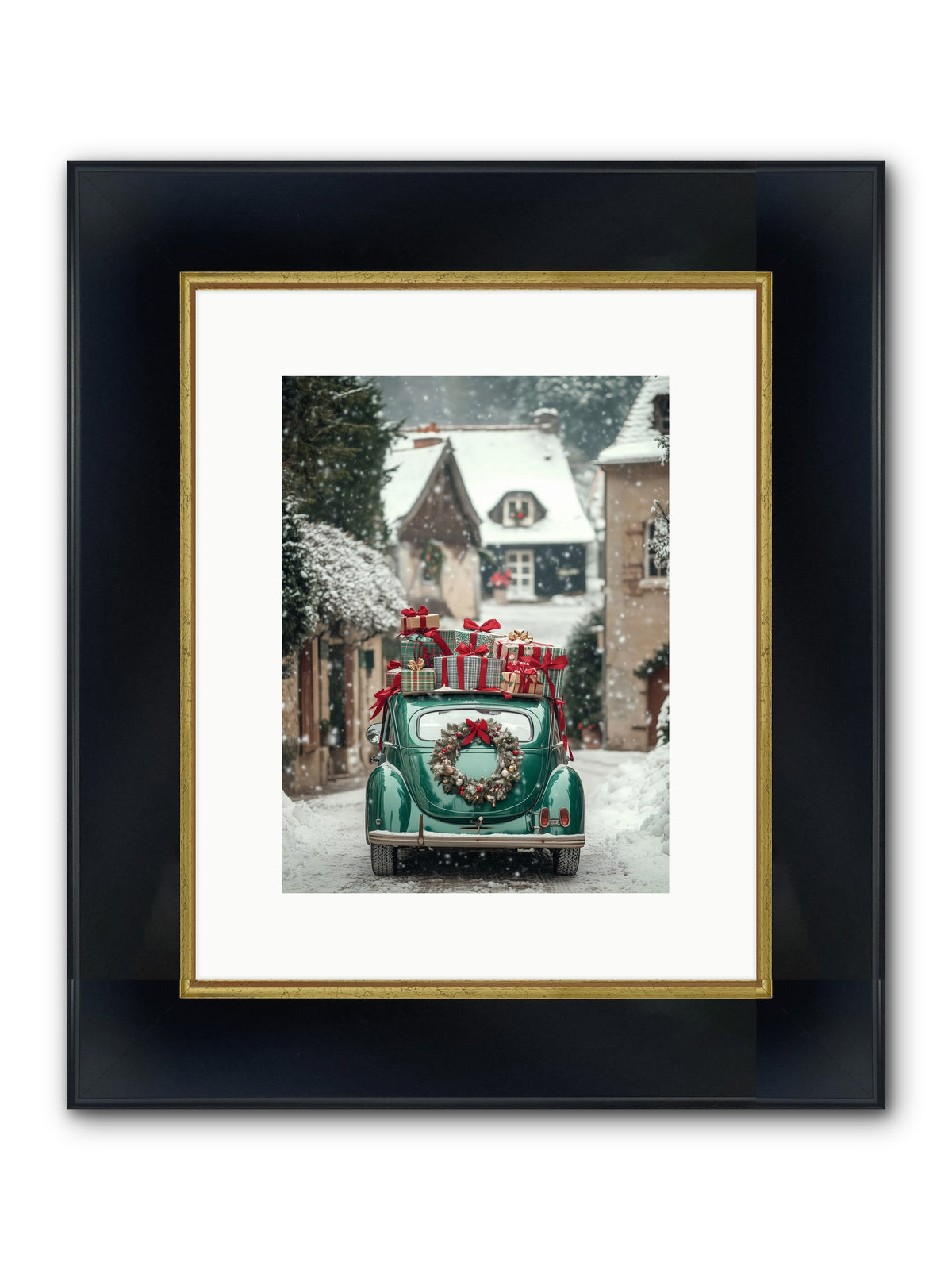 Yuletide Wheels Framed Print - Wide Black w/Gold 9x12